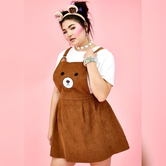 Sugar Thrillz Womens 3X Brown Corduroy Ribbed BB Bear Overall Pinafore Dress - Picture 7 of 13